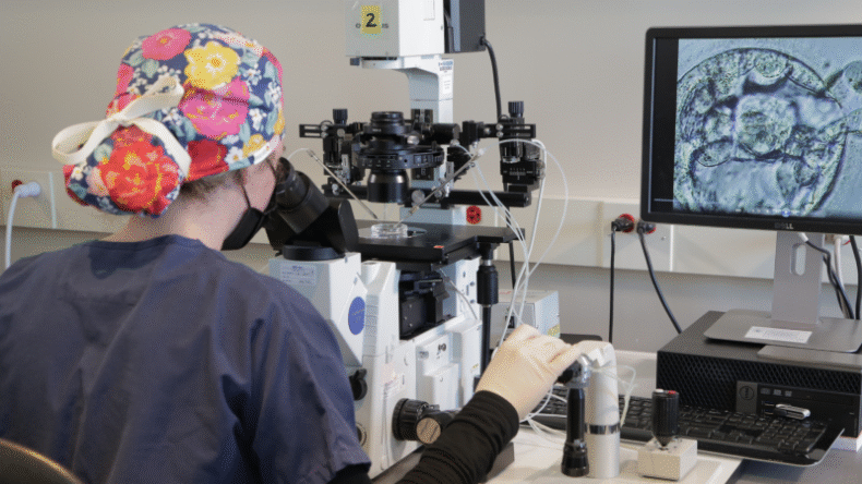 A scientist wearing scrubs, a colorful cap, and gloves uses a microscope in a lab. An image of cells is displayed on a nearby monitor connected to the microscope.