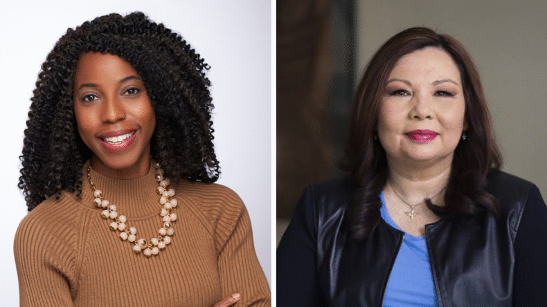 A split image shows two women: on the left, a woman with curly hair wearing a tan sweater and beaded necklace, smiling; on the right, a woman with straight dark hair in a blue top and black jacket, smiling softly.