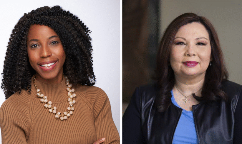 A split image shows two women: on the left, a woman with curly hair wearing a tan sweater and beaded necklace, smiling; on the right, a woman with straight dark hair in a blue top and black jacket, smiling softly.