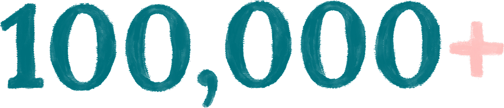 Text illustration of 100,000+ in large teal-colored numbers with a pink plus sign, set against a plain white background.