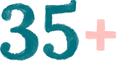 The image shows the number 35 in blue-green paint, followed by a pink plus sign, all on a light background.