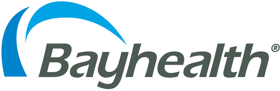 Bayhealth logo featuring a blue curved swoosh above the word Bayhealth in bold, gray letters, with a registered trademark symbol at the end.