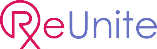 Logo with the word ReUnite. The letters R and e are stylized in dark pink, with the R partially enclosed in a circle. Unite is in light purple. The background is black.