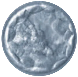A blurry, round, silvery coin with indistinct, undefined markings and an unclear design, making it difficult to identify any specific details or inscriptions.