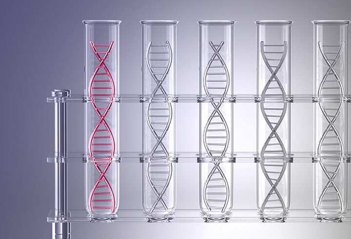 A row of transparent test tubes contains DNA double helix structures inside. The first test tube on the left has a glowing red DNA strand, while the others contain grey DNA strands.