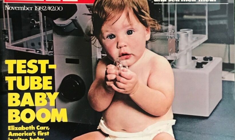 A LIFE magazine cover from November 1982 features a baby in a diaper sitting on a floor, holding a clear object. Bold yellow text reads TEST-TUBE BABY BOOM with smaller headlines about Broadway and African wildlife.