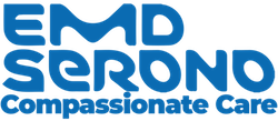 Blue logo for EMD Serono Compassionate Care on a light background, with bold, rounded font for the company name and a lighter font for the tagline underneath.