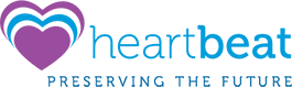 Logo with two overlapping heart shapes, one blue and one purple, next to the word heartbeat in blue lowercase letters. Below, the text PRESERVING THE FUTURE appears in smaller blue capital letters.