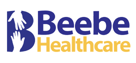 Logo for Beebe Healthcare featuring a bold blue letter B formed by two white hands reaching toward each other, with Beebe in blue and Healthcare in gold beneath it.
