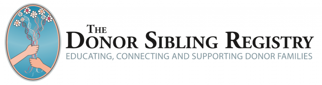 Logo for The Donor Sibling Registry, featuring two hands holding a DNA double helix with flowers, and the tagline Educating, Connecting and Supporting Donor Families.