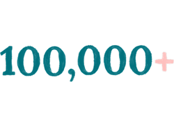 The image shows the number 100,000+ in large, teal-colored text, with the plus sign in a light pink color on a plain white background.