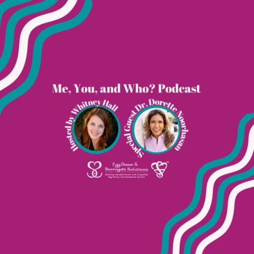 A magenta graphic for the “Me, You, and Who? Podcast” features photos of host Whitney Hall and special guest Dr. Dorette Noorhasan, with white text and teal-and-white wavy lines on the corners.