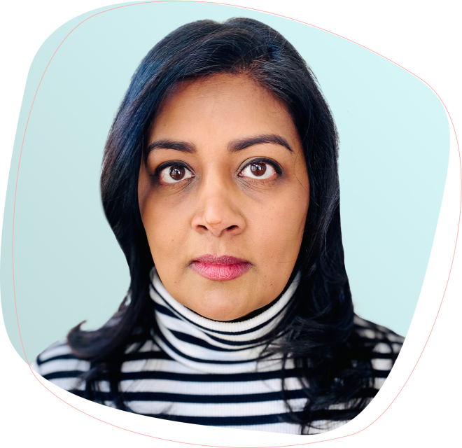 A woman with medium-length black hair wearing a black and white striped turtleneck looks directly at the camera with a neutral expression, against a light blue background.