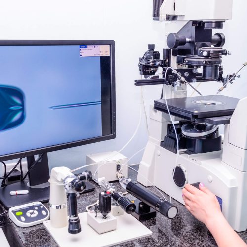 A laboratory scene shows a scientist using a microscope and micromanipulation equipment, with a monitor displaying a close-up of a cell and a needle, likely for in vitro fertilization or another microinjection procedure.