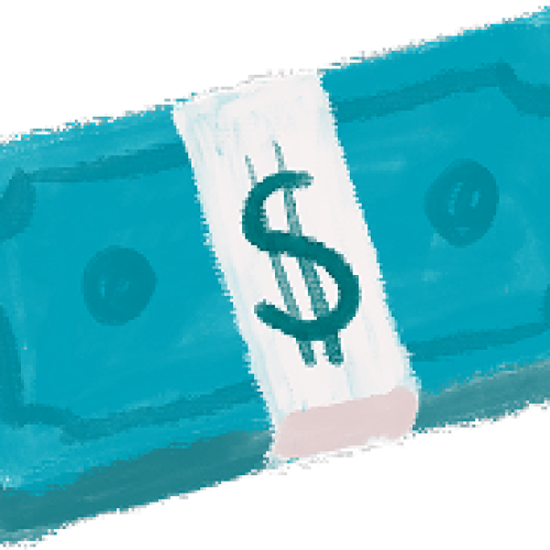 A stylized illustration of a stack of teal-colored dollar bills wrapped with a white band featuring a dollar sign.