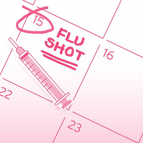 A calendar page with the 15th circled and labeled Flu Shot in bold letters. An illustration of a syringe is placed over the date, emphasizing a flu vaccination appointment.