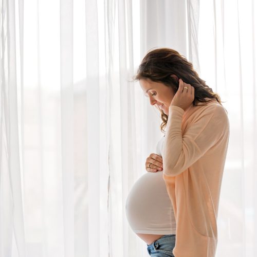 Portrait of young pregnant attractive woman, standing by the window, dressed in casual clothing, day before due date