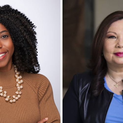 A split image shows two women: on the left, a woman with curly hair wearing a tan sweater and beaded necklace, smiling; on the right, a woman with straight dark hair in a blue top and black jacket, smiling softly.