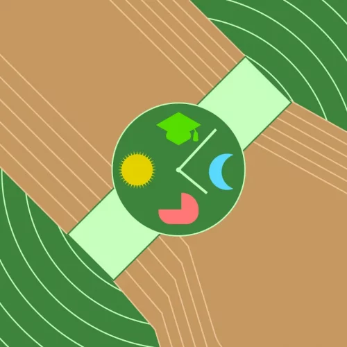 An abstract illustration of intersecting green and brown fields with a central green circle containing icons of a sun, moon, green hat, and red shape. The design suggests a blend of nature and learning themes.