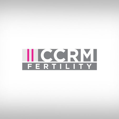 Logo for CCRM Fertility. The background is white with a faint gray gradient, and the logo features CCRM in bold gray letters above FERTILITY in white letters inside a gray box, with two vertical magenta lines to the left.
