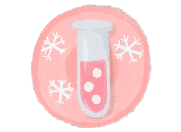 A drawing of a test tube with pink liquid and white bubbles, surrounded by two white snowflakes on a pink circular background.