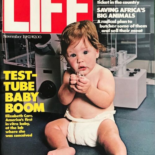 A LIFE magazine cover from November 1982 features a baby in a diaper sitting on a floor, holding a clear object. Bold yellow text reads TEST-TUBE BABY BOOM with smaller headlines about Broadway and African wildlife.