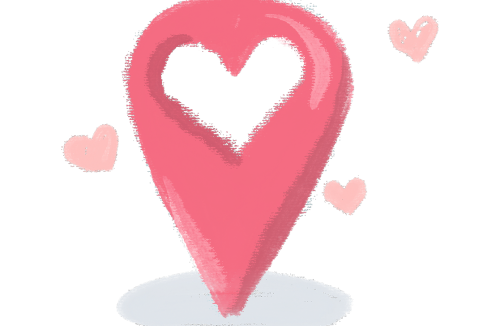 A red map pin with a heart-shaped cutout in the center, surrounded by three pink heart illustrations on a light background.