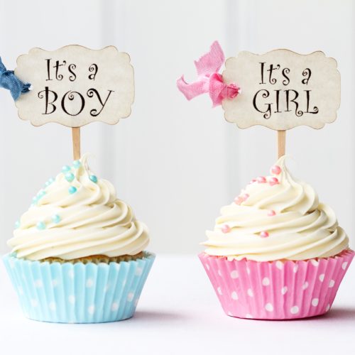 Two cupcakes with white frosting: one in a blue polka dot wrapper with a sign reading Its a Boy, and one in a pink polka dot wrapper with a sign reading Its a Girl. Both have matching colored bows and sprinkles.