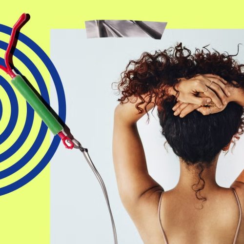 A person with curly hair holds their hands behind their head, facing away. On the left, a copper IUD diagram is shown over blue concentric circles on a yellow background. A silver strip sits at the top of the image.