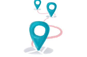 Illustration of three blue map location pins connected by a winding pink path, suggesting a journey or route, on a white background.